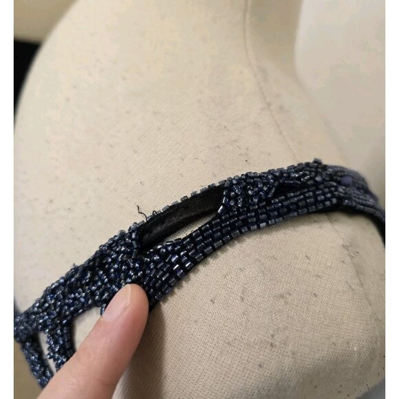 90s Vintage Fully Beaded Gown Blue Scala Size XL Silk One Shoulder - Picture 5 of 9